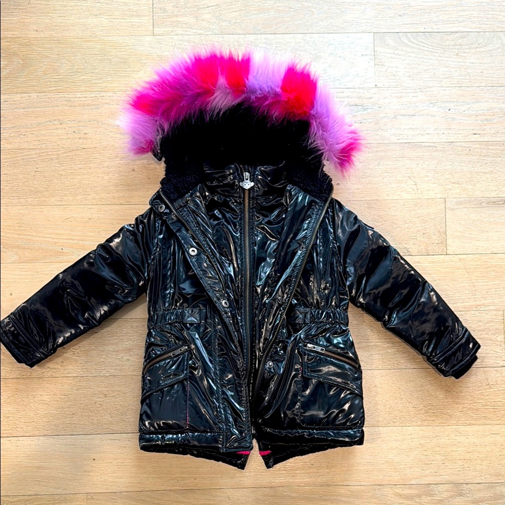 Appaman Shiny Black Dpuble Insulated Jacket with Pink/Purple Fur Trim